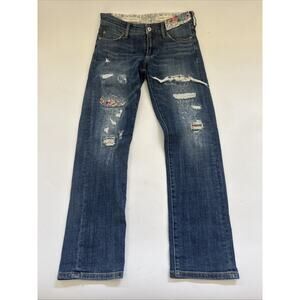 Pilcro Anthropologie Distressed Embroidered Patches Slim Boyfriend Jeans 27 BOHO